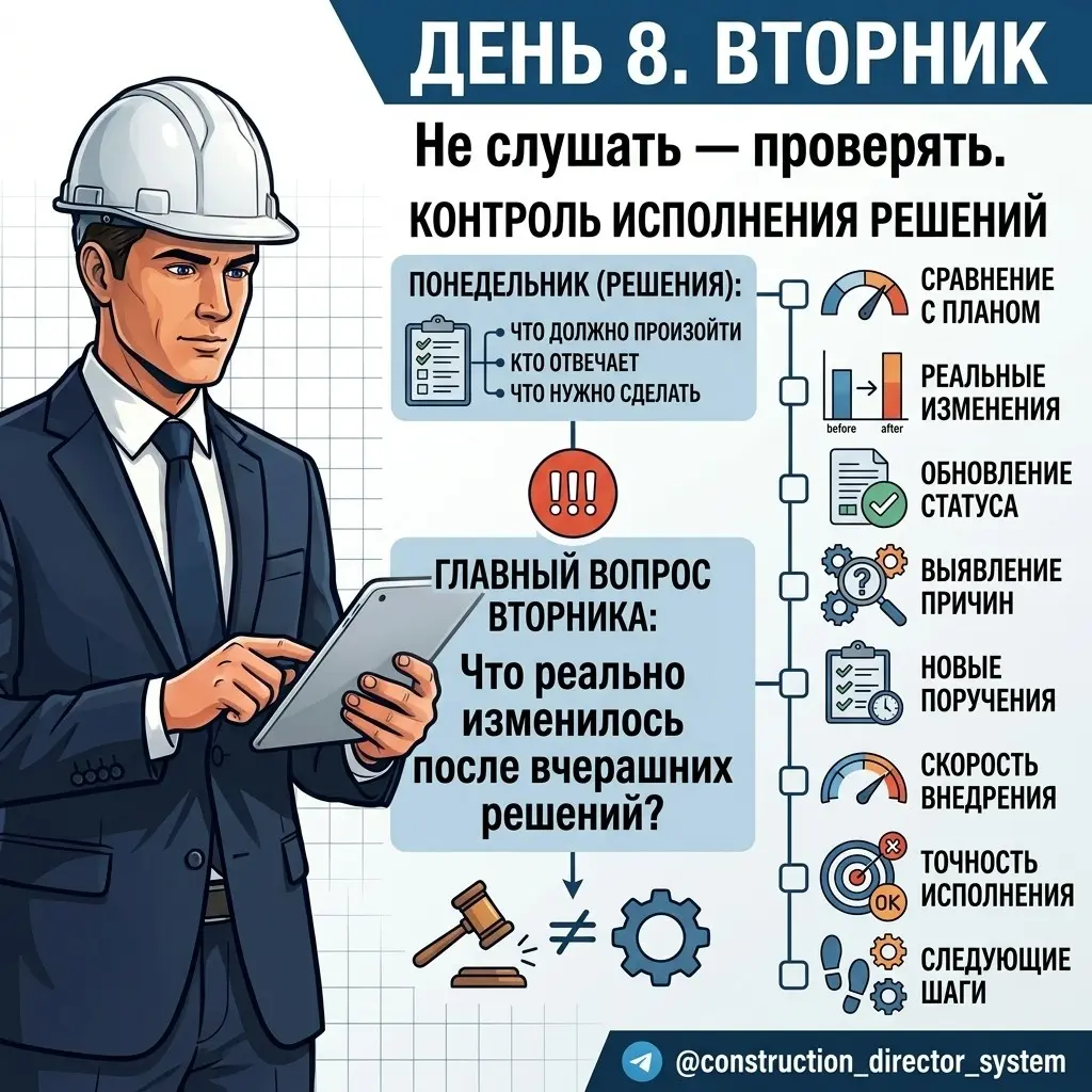 День 8. Вторник. с 8:00 до 10:00 Работаем с реестром поручений.
главный вопрос: Что реально изменилось после вчерашних решений?
Не нужно снова заслушивать всех.
Нужно проверить факт | Сетка — социальная сеть от hh.ru