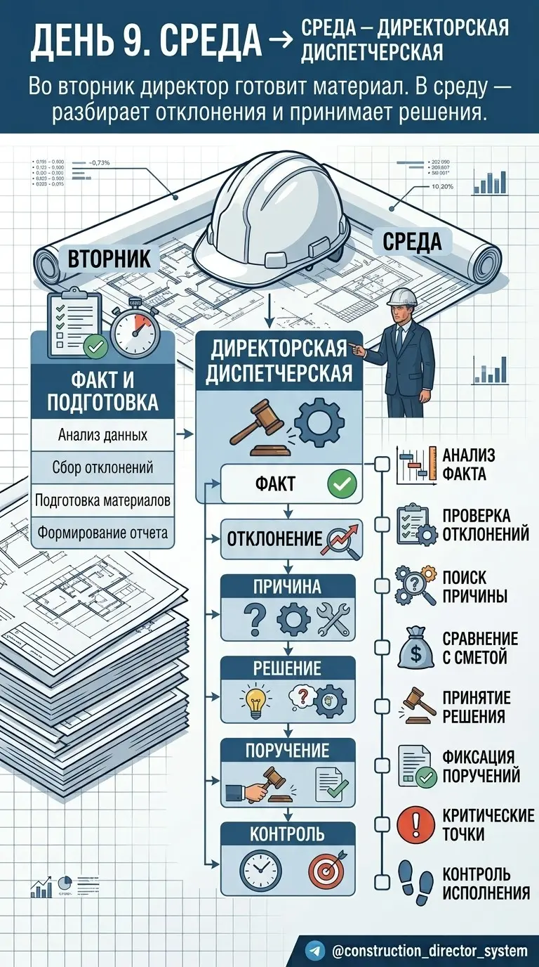 Завтра: День 9 ключевой переход от сбора информации к регулярному директорскому управленческому циклу.
Среда 9:00 — первая диспетчерская, где обсуждаются уже подготовленные во вторник факты. | Сетка — социальная сеть от hh.ru