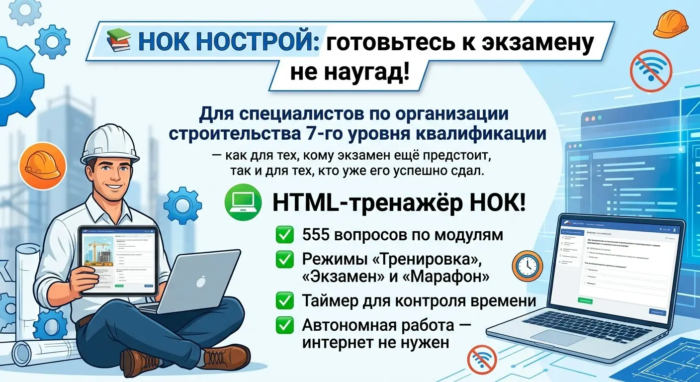 📚 НОК НОСТРОЙ: готовьтесь к экзамену не наугад!
Для специалистов по организации строительства 7-го уровня квалификации
как для тех, кому экзамен ещё предстоит, так и для тех, кто уже его успешно сдал | Сетка — социальная сеть от hh.ru