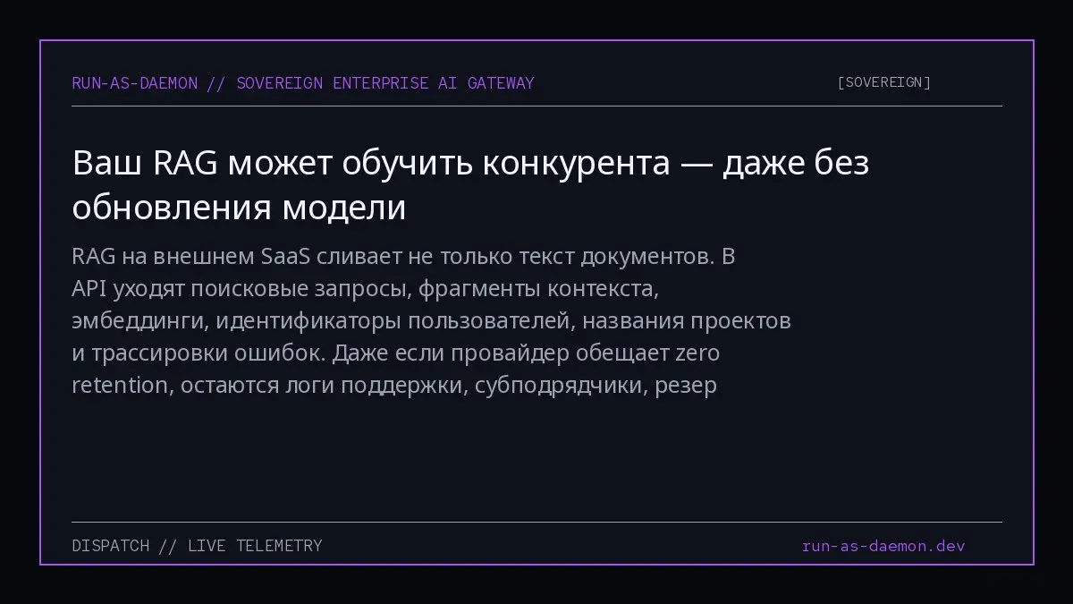 RAG на внешнем SaaS сливает не только текст документов. В API уходят поисковые запросы, фрагменты контекста, эмбеддинги, идентификаторы пользователей, названия проектов и трассировки ошибок | Сетка — социальная сеть от hh.ru