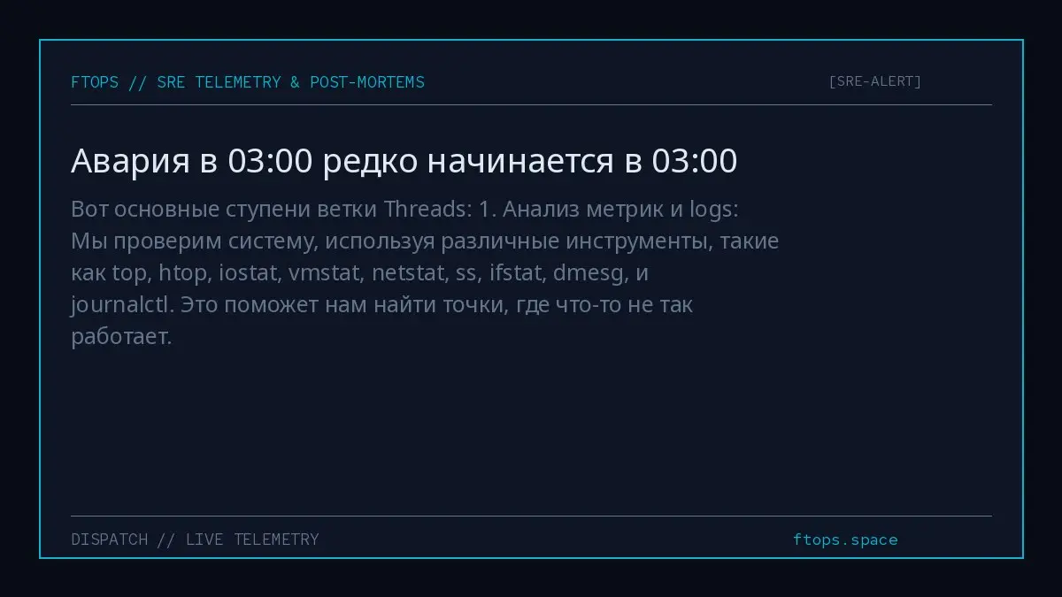 Вот основные ступени ветки Threads: 1. Анализ метрик и logs: Мы проверим систему, используя различные инструменты, такие как top, htop, iostat, vmstat, netstat, ss, ifstat, dmesg, и journalctl | Сетка — социальная сеть от hh.ru