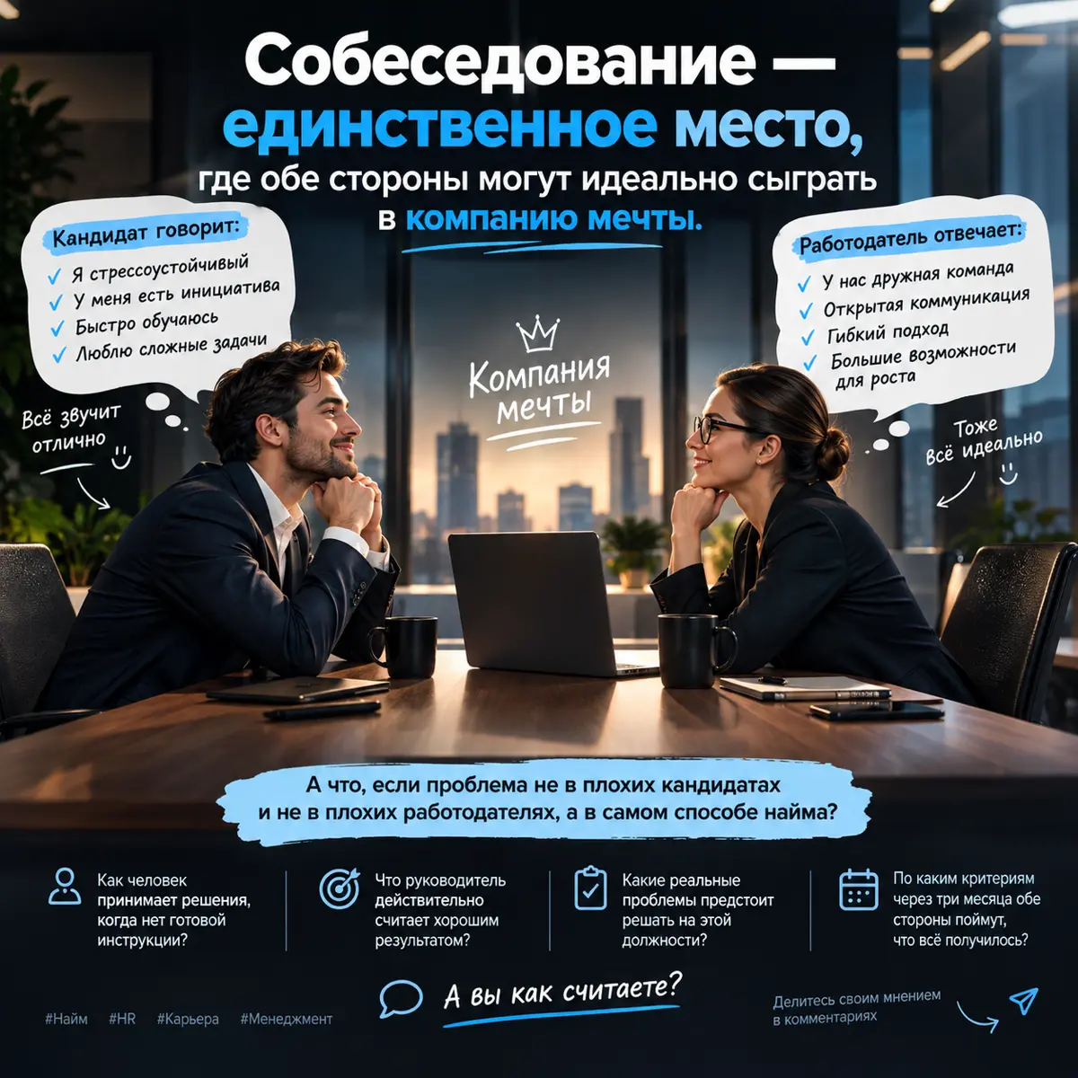 Собеседование — единственное место, где обе стороны могут идеально сыграть в компанию мечты.
Кандидат говорит:
— Я стрессоустойчивый, инициативный, быстро обучаюсь и люблю сложные задачи | Сетка — социальная сеть от hh.ru
