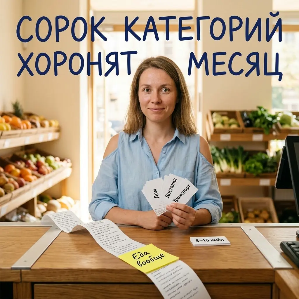 Сорок категорий хоронят месяц
У кассы длинный список срывает выбор. Хватает 8–15 имён. Подкатегория нужна там, где решение разное: продукты дома и доставка. «Еда вообще» прячет решение | Сетка — социальная сеть от hh.ru