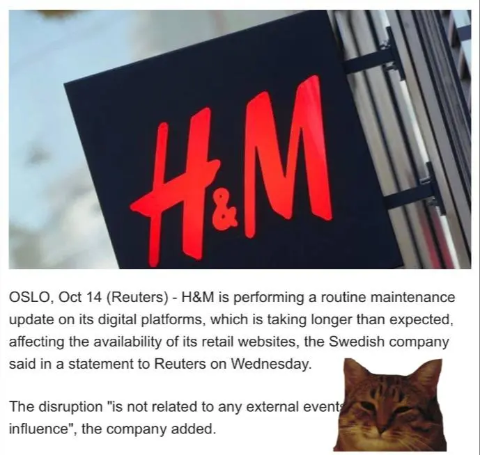 🤓У H&M тоже перестали работать интернет-магазины и мобильное приложение. Шведский ретейлер объяснил сбой плановым техническим обслуживанием цифровых платформ, которое затянулось дольше ожидаемого | Сетка — социальная сеть от hh.ru
