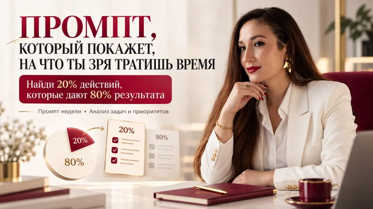 ПРОМПТ, КОТОРЫЙ ПОКАЖЕТ, НА КАКИЕ ЗАДАЧИ ТЫ ЗРЯ ТРАТИШЬ ВРЕМЯ
И поможет найти те самые 20% действий, которые дают 80% результата | Сетка — социальная сеть от hh.ru