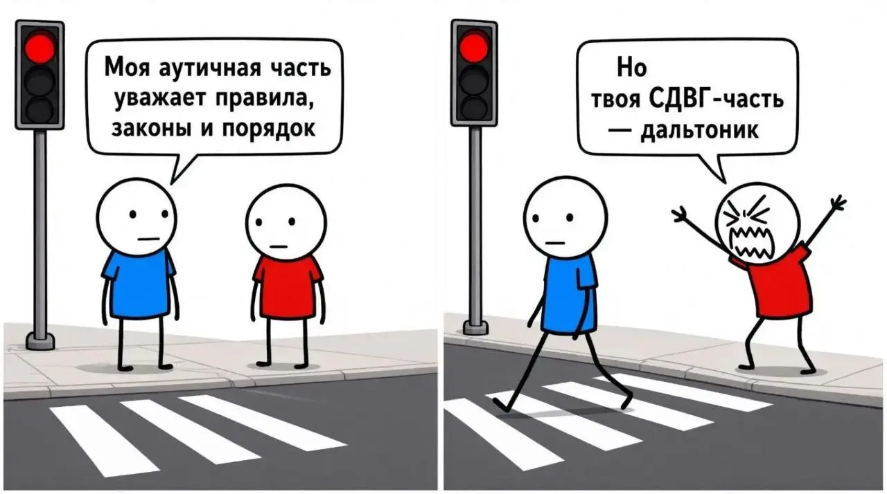 😁😂 У меня конечно нету такого, что СДВГ называют, но на красный я тоже перехожу если машин нет или если они просто стоят. Мне чаще всего наплевать на светофоры) | Сетка — социальная сеть от hh.ru