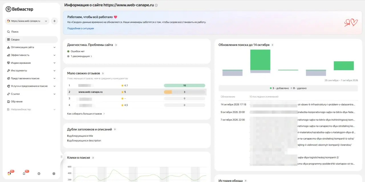 🔧 Яндекс Вебмастер ожил!
Ура, сервисы начали приходить в себя. Первым ожил Вебмастер | Сетка — социальная сеть от hh.ru