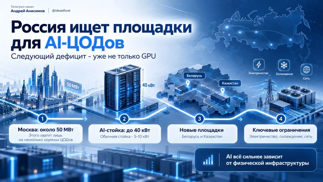 Россия начала искать площадки для AI-ЦОДов за рубежом ⚡️
Среди вариантов - Беларусь и Казахстан | Сетка — социальная сеть от hh.ru