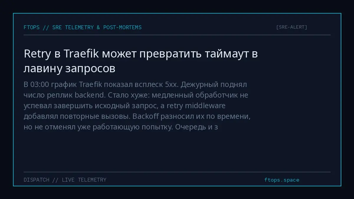 В 03:00 график Traefik показал всплеск 5xx. Дежурный поднял число реплик backend. Стало хуже: медленный обработчик не успевал завершить исходный запрос, а retry middleware добавлял повторные вызовы | Сетка — социальная сеть от hh.ru