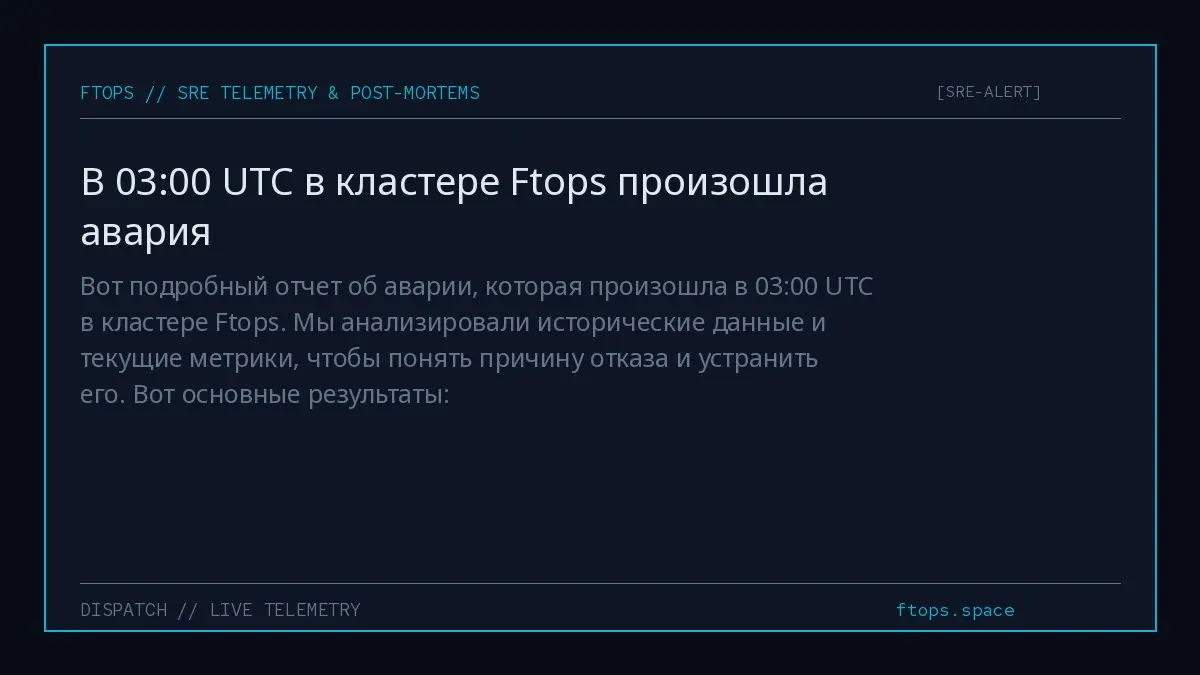 Вот подробный отчет об аварии, которая произошла в 03:00 UTC в кластере Ftops. Мы анализировали исторические данные и текущие метрики, чтобы понять причину отказа и устранить его | Сетка — социальная сеть от hh.ru