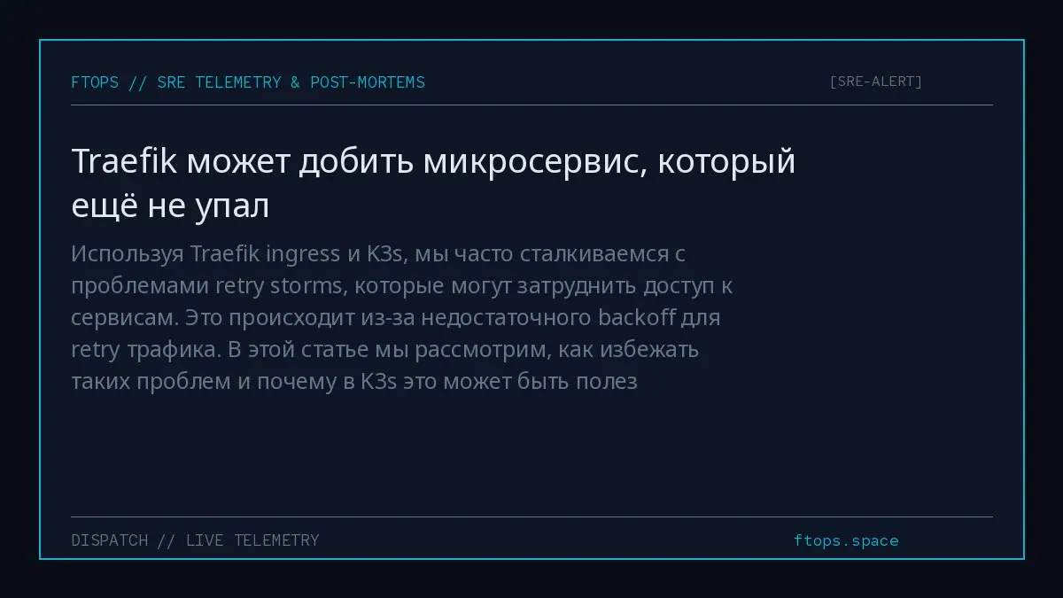Используя Traefik ingress и K3s, мы часто сталкиваемся с проблемами retry storms, которые могут затруднить доступ к сервисам. Это происходит из-за недостаточного backoff для retry трафика | Сетка — социальная сеть от hh.ru