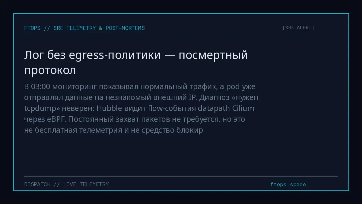В 03:00 мониторинг показывал нормальный трафик, а pod уже отправлял данные на незнакомый внешний IP. Диагноз «нужен tcpdump» неверен: Hubble видит flow-события datapath Cilium через eBPF | Сетка — социальная сеть от hh.ru