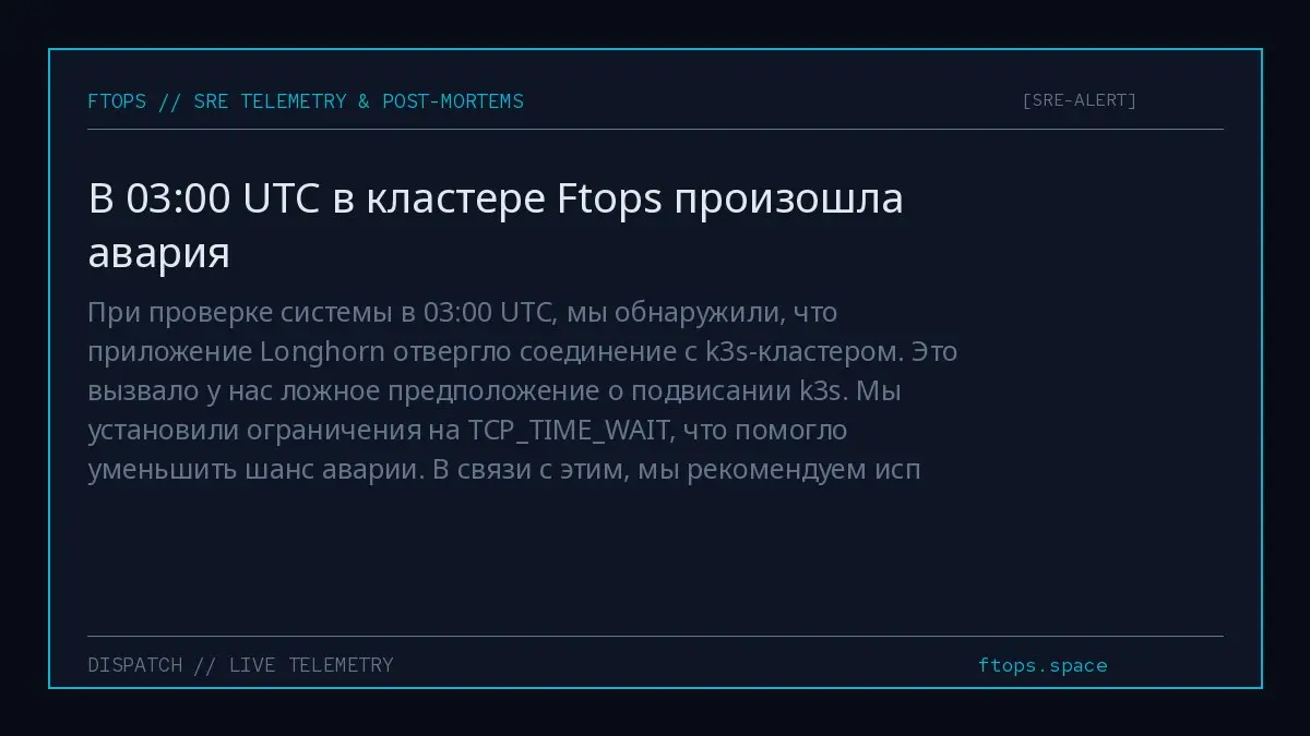 При проверке системы в 03:00 UTC, мы обнаружили, что приложение Longhorn отвергло соединение с k3s-кластером. Это вызвало у нас ложное предположение о подвисании k3s | Сетка — социальная сеть от hh.ru