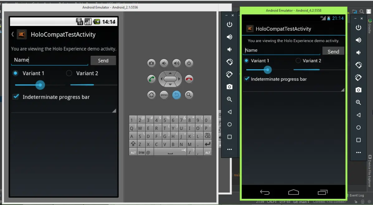 Теперь показываю воссоздание темы Holo от Android 4.x поверх нативной классической темы от Android 2.x.
Приложения выглядят практически едино и согласовано в Android 2.1 и выше | Сетка — социальная сеть от hh.ru