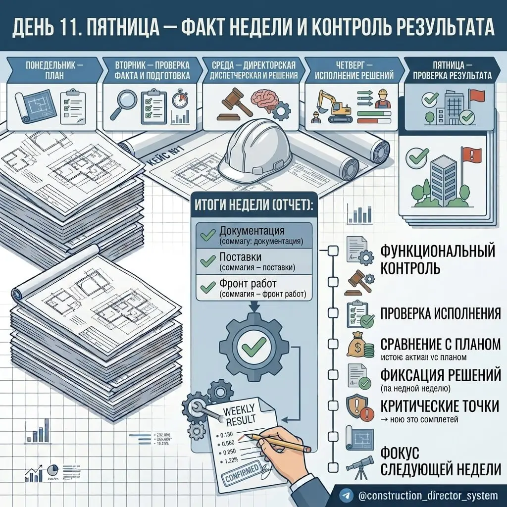 ДЕНЬ 11. ПЯТНИЦА — ФАКТ НЕДЕЛИ И КОНТРОЛЬ РЕЗУЛЬТАТА
Понедельник — план.
Вторник — проверка факта и подготовка.
Среда — директорская диспетчерская и решения.
Четверг — исполнение решений | Сетка — социальная сеть от hh.ru