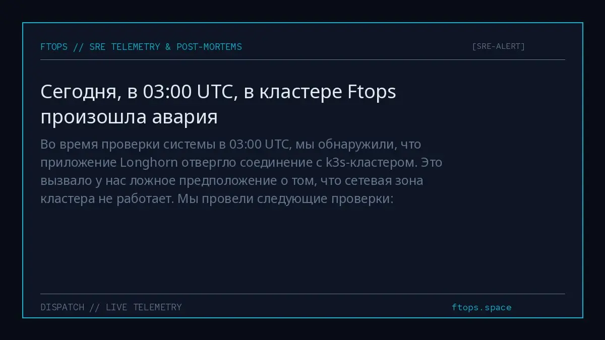 Во время проверки системы в 03:00 UTC, мы обнаружили, что приложение Longhorn отвергло соединение с k3s-кластером. Это вызвало у нас ложное предположение о том, что сетевая зона кластера не работает | Сетка — социальная сеть от hh.ru