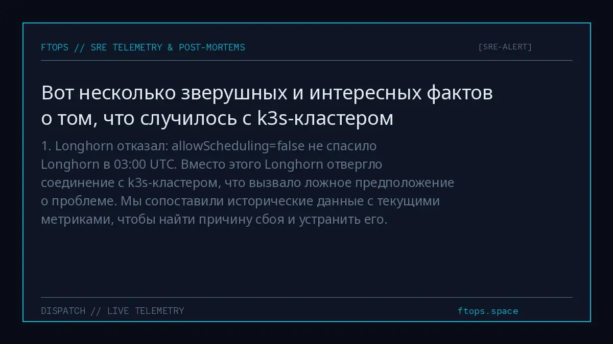 1. Longhorn отказал: allowScheduling=false не спасило Longhorn в 03:00 UTC. Вместо этого Longhorn отвергло соединение с k3s-кластером, что вызвало ложное предположение о проблеме | Сетка — социальная сеть от hh.ru