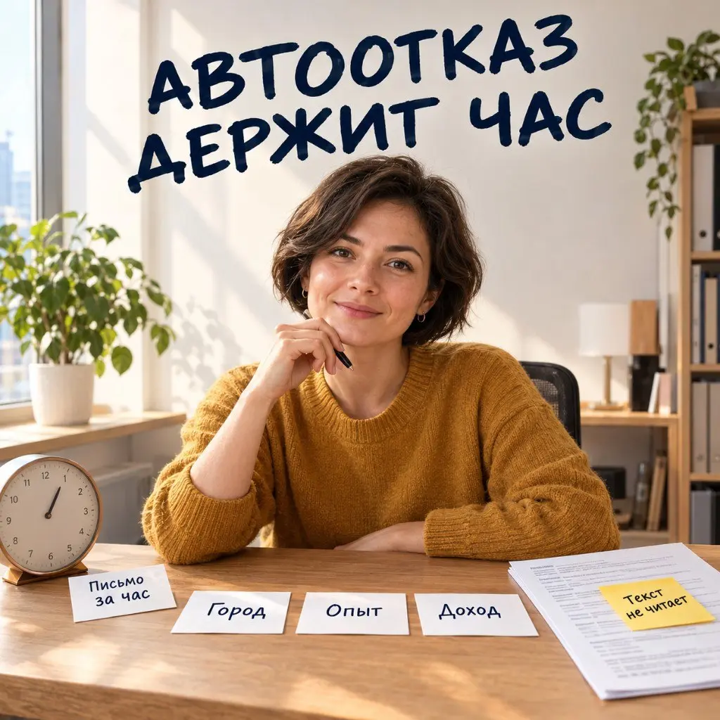 За что автоотказ держит час
Отказ включён — письмо может прийти в течение часа. Режет город, опыт и доход. Свободный текст резюме он не читает. Вёрстку разбирать некому | Сетка — социальная сеть от hh.ru