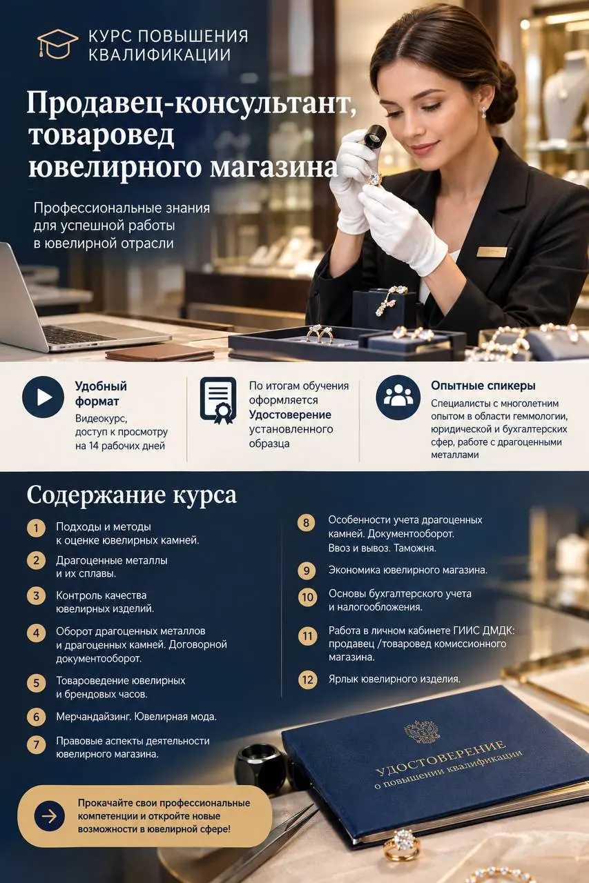 Приглашаем на курс повышения квалификации "Продавец консультант, товаровед ювелирного магазина".
Удобный формат - видеокурс, доступ к просмотру на 14 рабочих дней | Сетка — социальная сеть от hh.ru