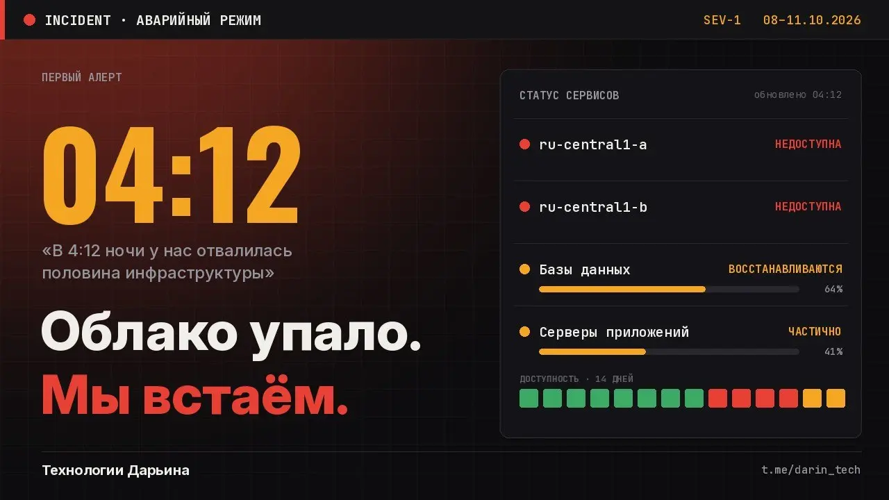 🔥 В 4:12 ночи у нас отвалилась половина инфраструктуры. И это не баг.
За четыре дня беспилотники атаковали три дата-центра Яндекса: Сасово, Калугу и Владимир | Сетка — социальная сеть от hh.ru