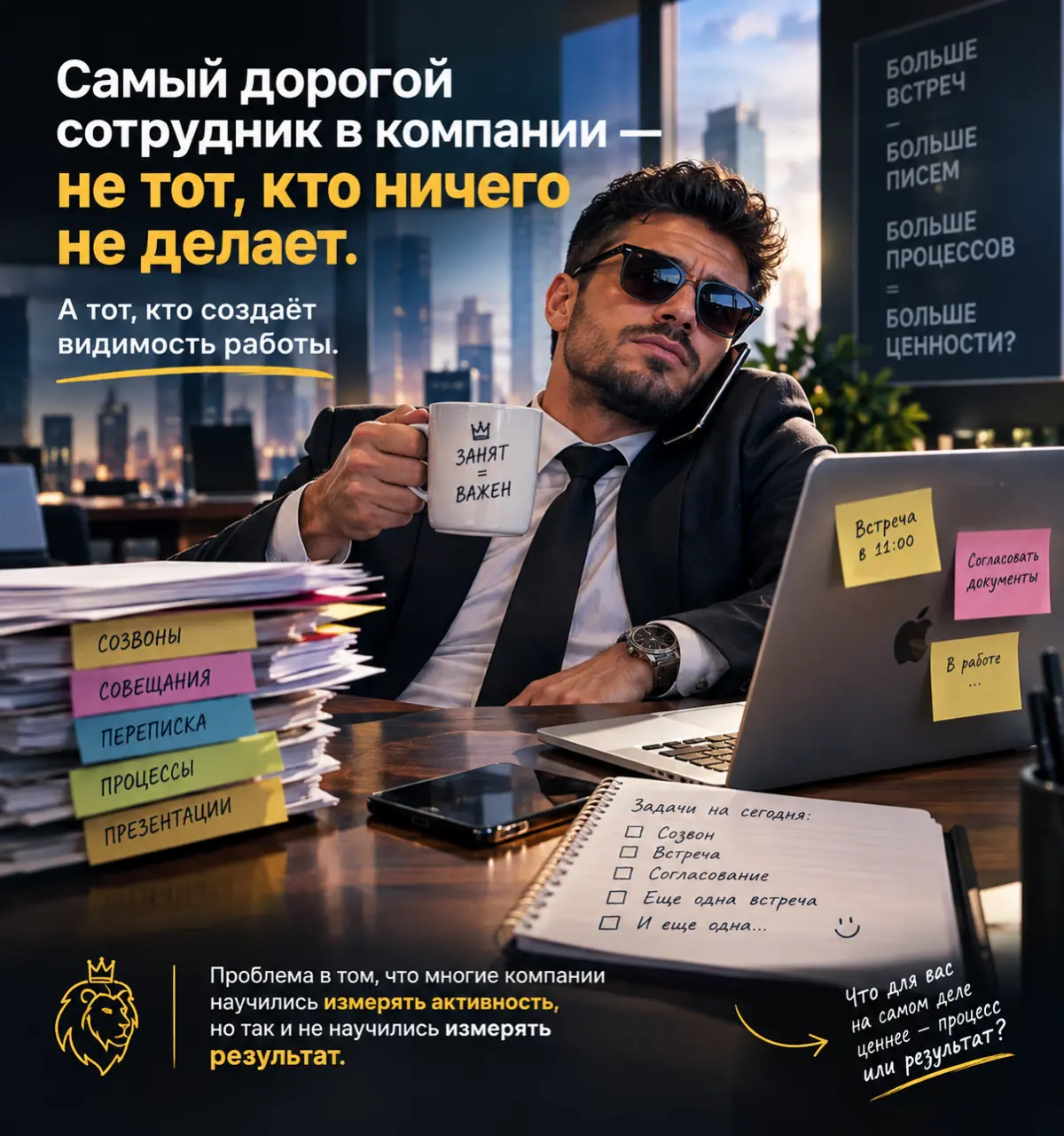Самый дорогой сотрудник в компании — не тот, кто ничего не делает. А тот, кто создаёт видимость работы.
У него всегда плотный календарь.
Он постоянно занят | Сетка — социальная сеть от hh.ru