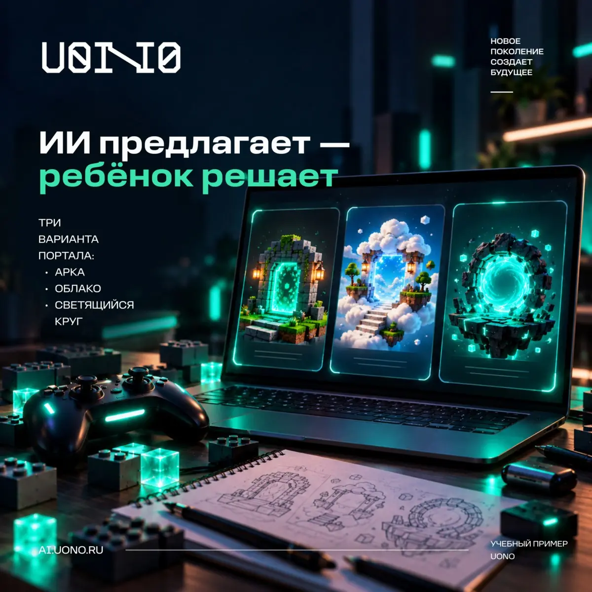 ИИ предлагает — ребёнок решает.
Хочу показать эту мысль на конкретном учебном примере из материалов UONO для детей 7–9 лет.
Задача — придумать портал в город будущего | Сетка — социальная сеть от hh.ru