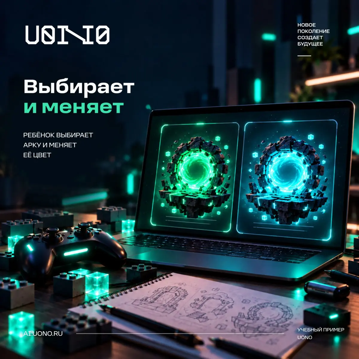 ИИ предлагает — ребёнок решает.
Хочу показать эту мысль на конкретном учебном примере из материалов UONO для детей 7–9 лет.
Задача — придумать портал в город будущего | Сетка — социальная сеть от hh.ru