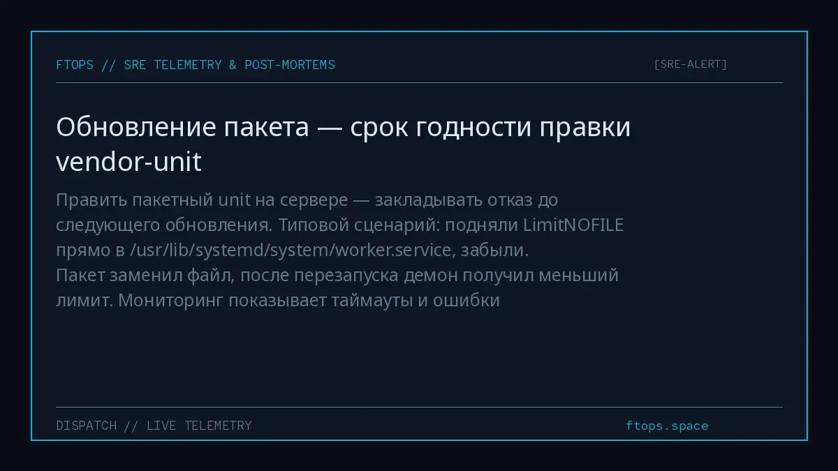 Править пакетный unit на сервере — закладывать отказ до следующего обновления. Типовой сценарий: подняли LimitNOFILE прямо в /usr/lib/systemd/system/worker.service, забыли | Сетка — социальная сеть от hh.ru