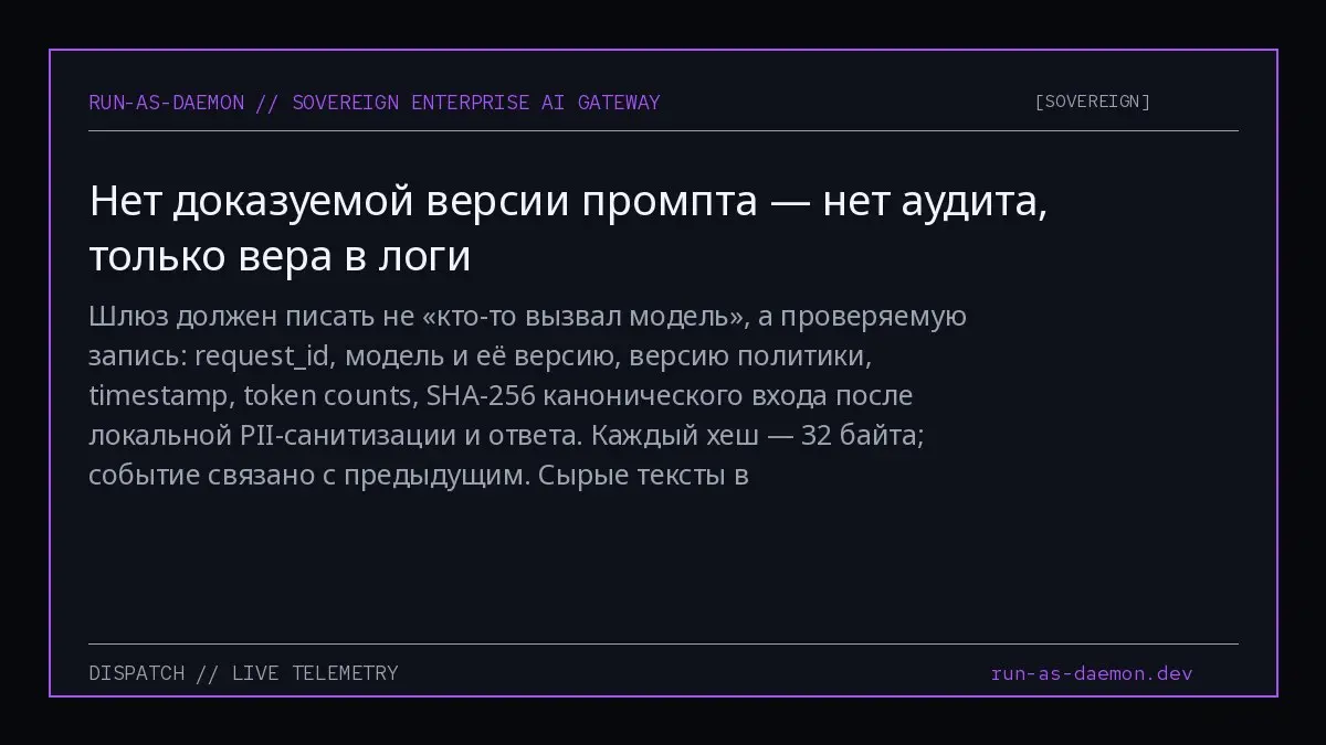 Шлюз должен писать не «кто-то вызвал модель», а проверяемую запись: requestid, модель и её версию, версию политики, timestamp, token counts, SHA-256 канонического входа после локальной PII-санитизации... | Сетка — социальная сеть от hh.ru