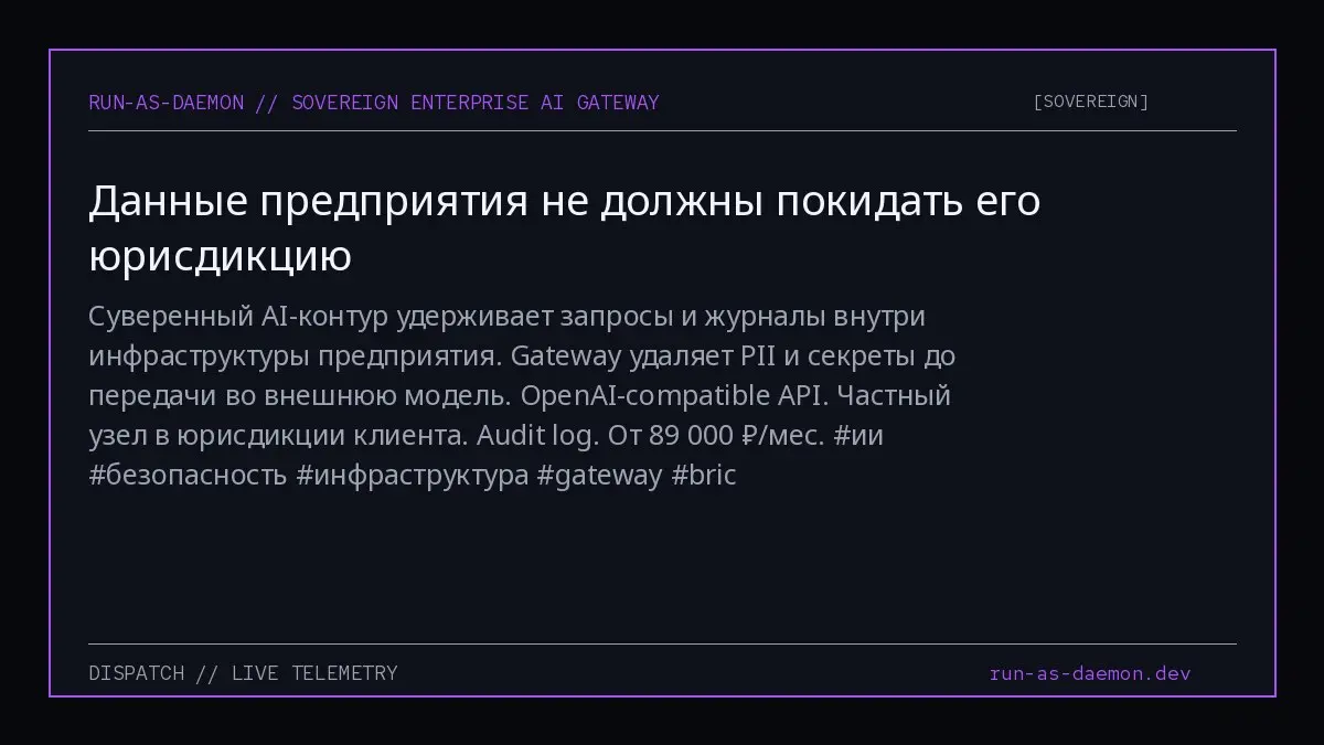 Суверенный AI-контур удерживает запросы и журналы внутри инфраструктуры предприятия.
Gateway удаляет PII и секреты до передачи во внешнюю модель.
OpenAI-compatible API | Сетка — социальная сеть от hh.ru