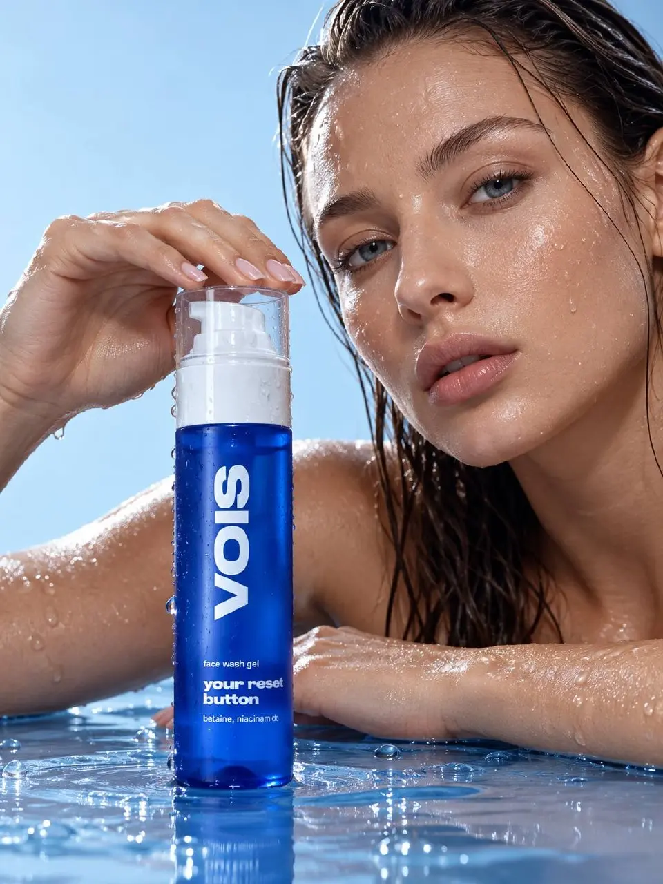 Один продукт, целая серия 💧
Создала AI-фотосессию для геля VOIS: предметные кадры с водой и каплями, крупные планы упаковки и съёмка с моделью.
Всю серию объединила свежая голубая гамма | Сетка — социальная сеть от hh.ru