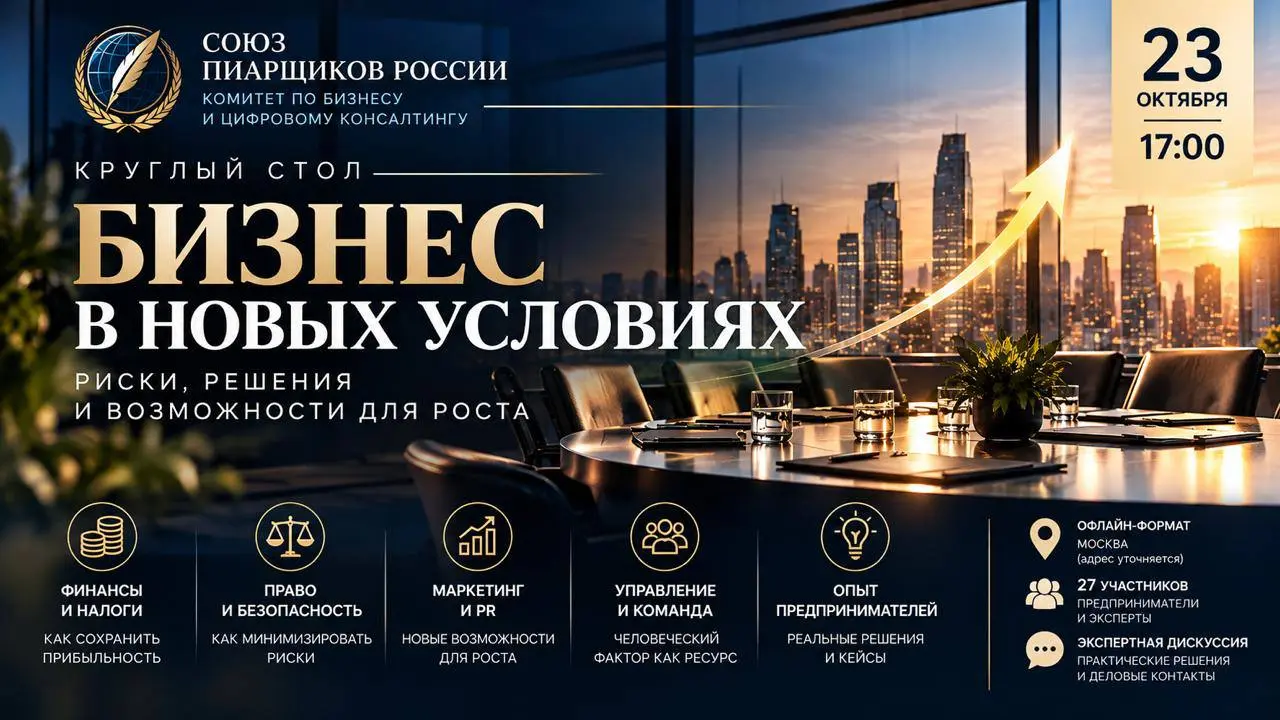Круглый стол «БИЗНЕС В НОВЫХ УСЛОВИЯХ»
Риски, решения и возможности для роста
Комитет по бизнесу и цифровому консалтингу Союза пиарщиков России организует экспертный круглый стол, посвящённый актуальн... | Сетка — социальная сеть от hh.ru
