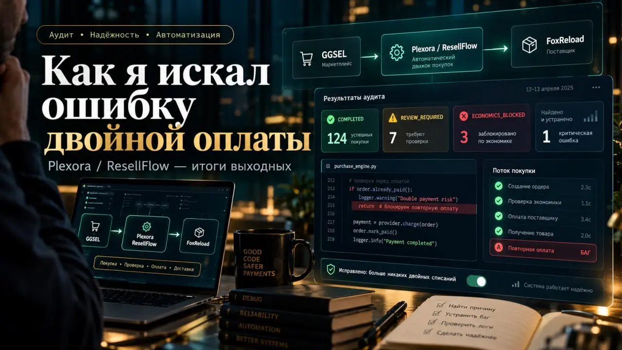 🔐 Как я обнаружил ошибку двойной оплаты в своём проекте
На выходных продолжил разработку Plexora / ResellFlow — системы автоматической продажи цифровых игровых товаров | Сетка — социальная сеть от hh.ru
