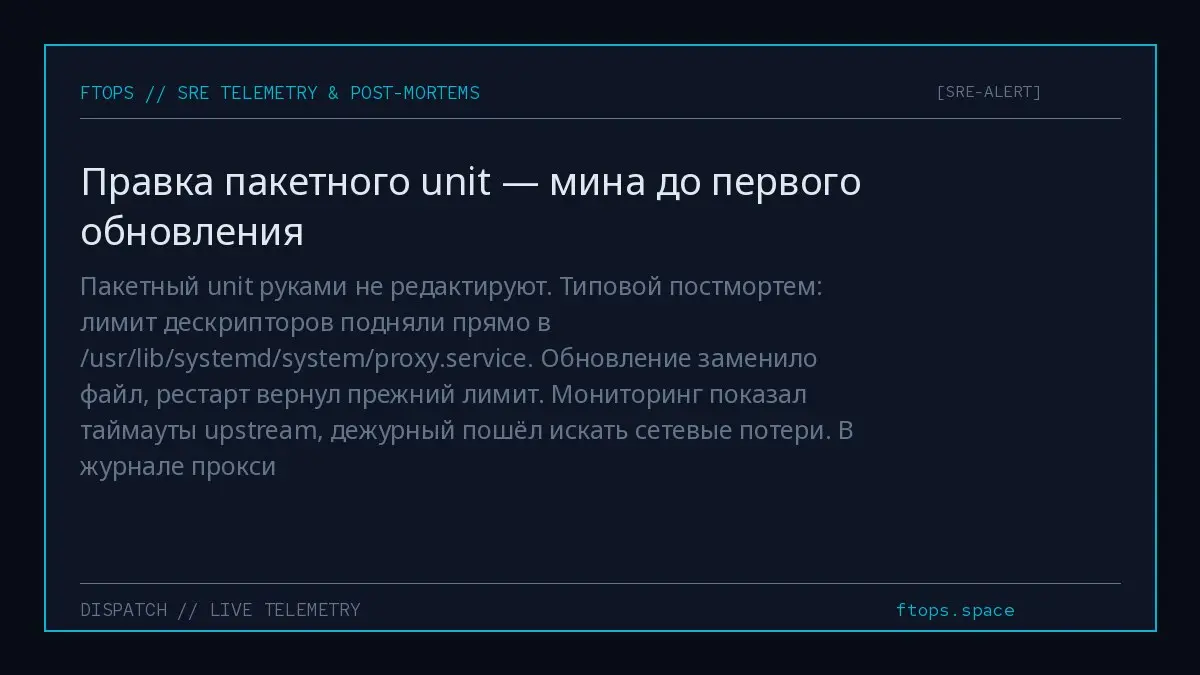 Пакетный unit руками не редактируют. Типовой постмортем: лимит дескрипторов подняли прямо в /usr/lib/systemd/system/proxy.service. Обновление заменило файл, рестарт вернул прежний лимит | Сетка — социальная сеть от hh.ru