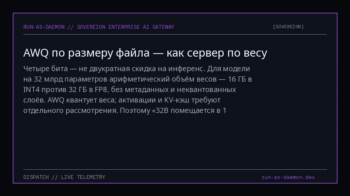 Четыре бита — не двукратная скидка на инференс. Для модели на 32 млрд параметров арифметический объём весов — 16 ГБ в INT4 против 32 ГБ в FP8, без метаданных и неквантованных слоёв | Сетка — социальная сеть от hh.ru