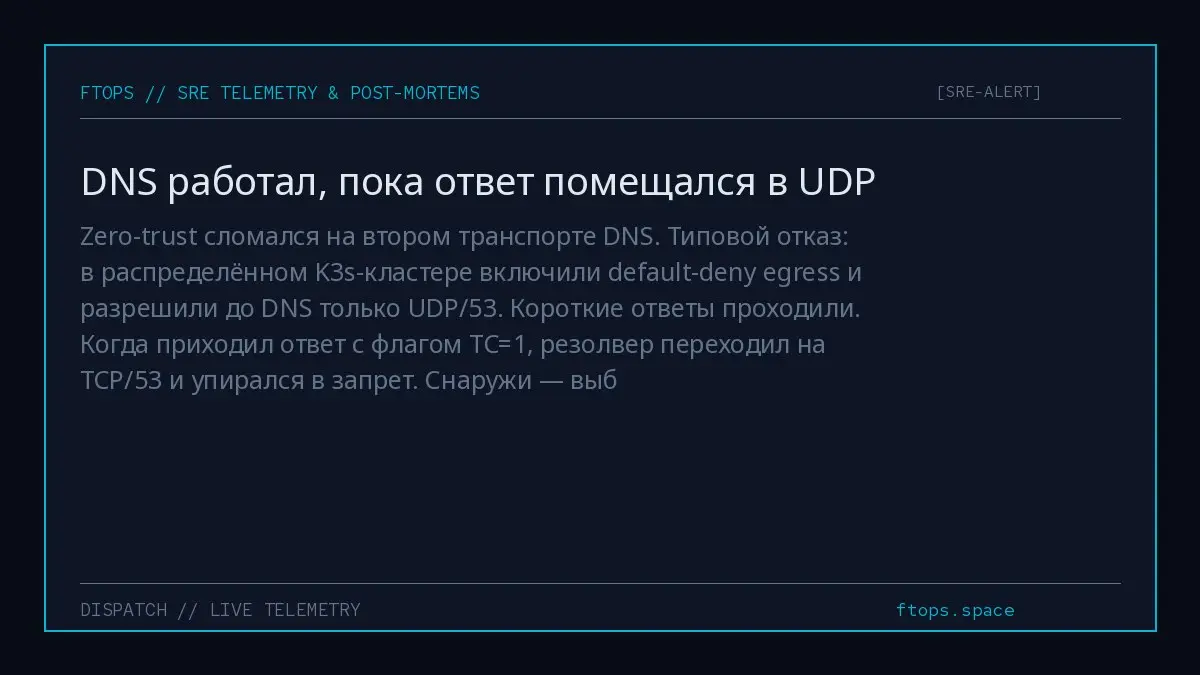 Zero-trust сломался на втором транспорте DNS. Типовой отказ: в распределённом K3s-кластере включили default-deny egress и разрешили до DNS только UDP/53. Короткие ответы проходили | Сетка — социальная сеть от hh.ru