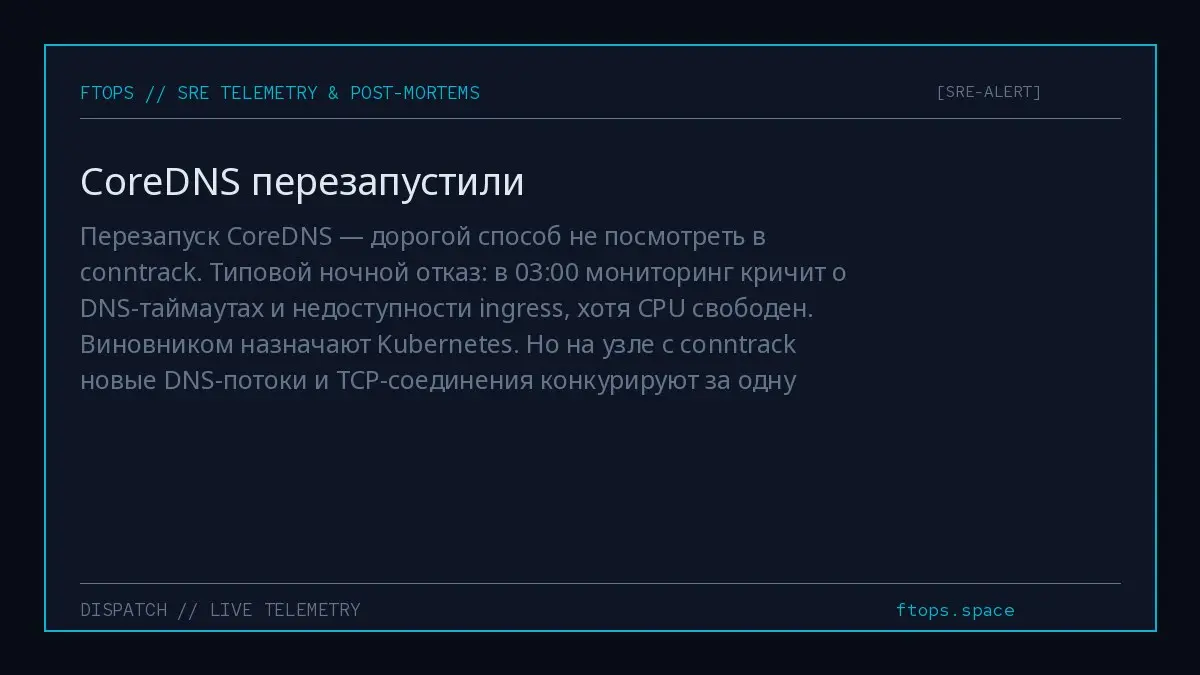 Перезапуск CoreDNS — дорогой способ не посмотреть в conntrack. Типовой ночной отказ: в 03:00 мониторинг кричит о DNS-таймаутах и недоступности ingress, хотя CPU свободен | Сетка — социальная сеть от hh.ru