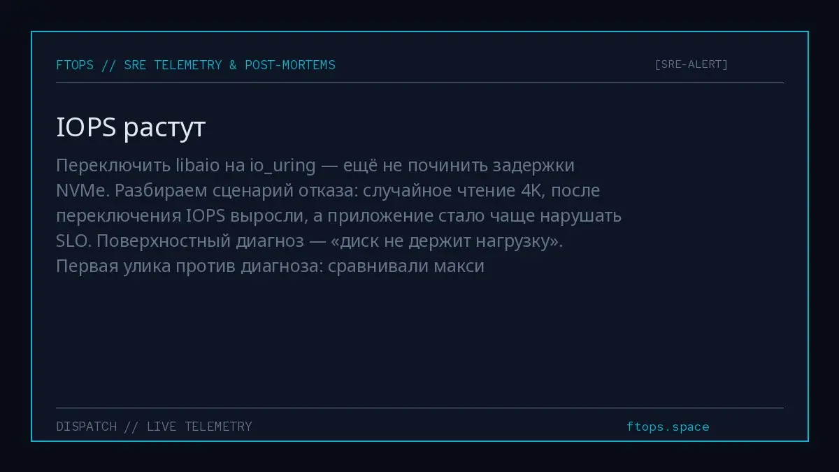 Переключить libaio на iouring — ещё не починить задержки NVMe. Разбираем сценарий отказа: случайное чтение 4K, после переключения IOPS выросли, а приложение стало чаще нарушать SLO | Сетка — социальная сеть от hh.ru