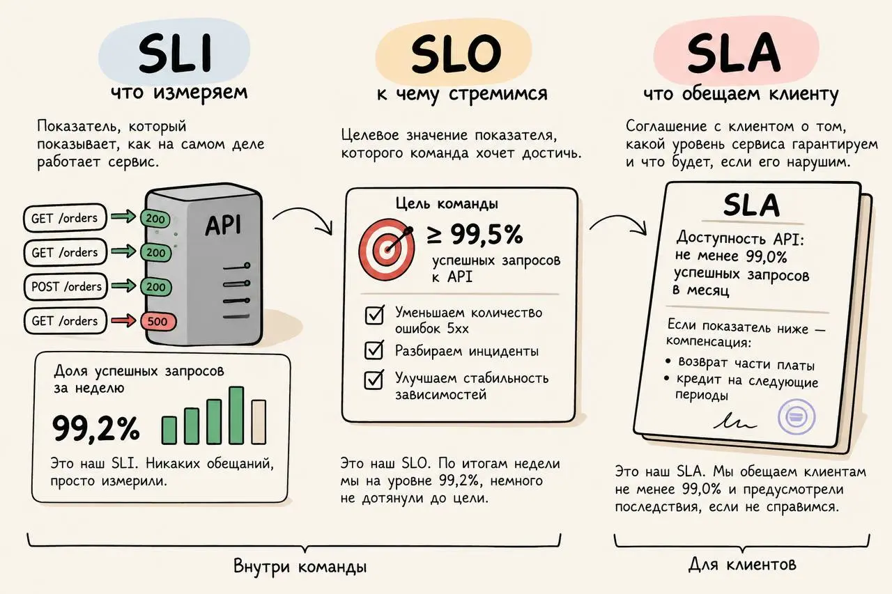 SLI, SLO, SLA, или почему «доставим за 30 минут» — это три разных разговора
Вы открыли пиццерию. Пицца вкусная, курьеры быстрые, приложение работает. На сайте красуется обещание «доставим за 30 минут» | Сетка — социальная сеть от hh.ru
