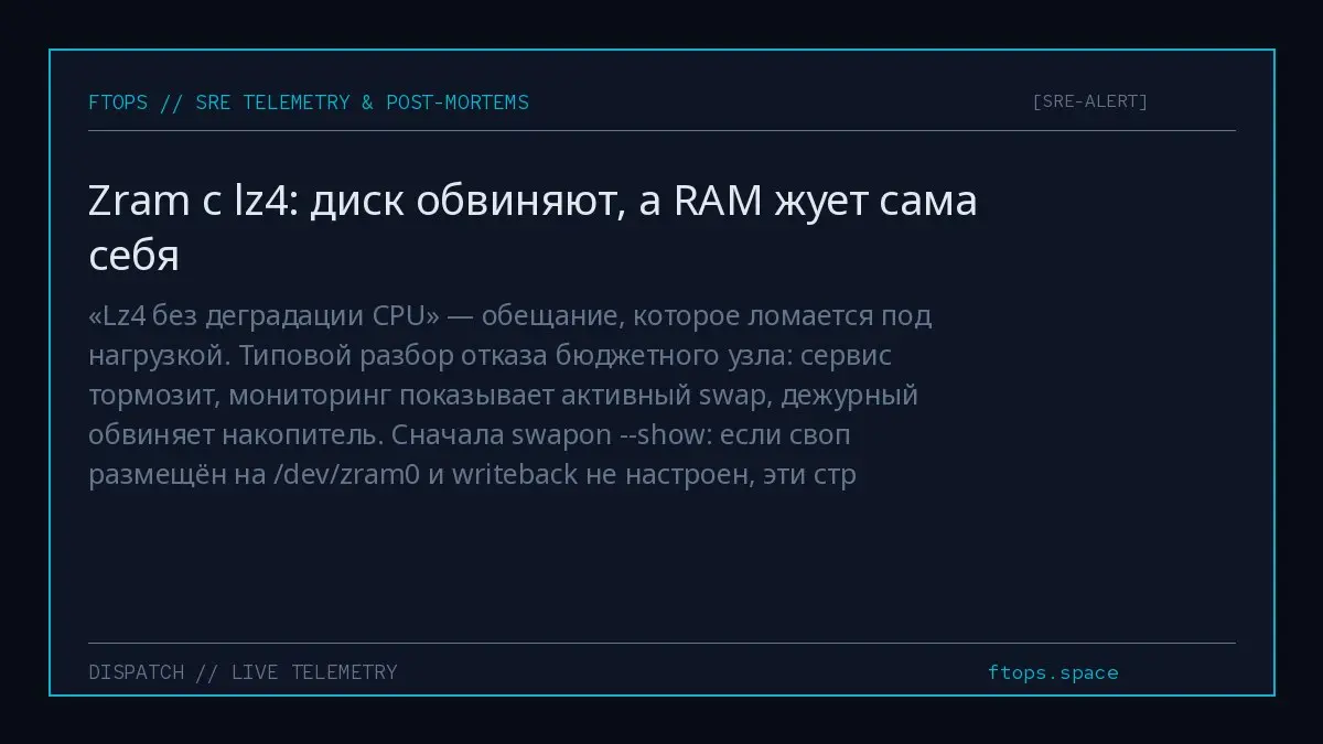 «Lz4 без деградации CPU» — обещание, которое ломается под нагрузкой. Типовой разбор отказа бюджетного узла: сервис тормозит, мониторинг показывает активный swap, дежурный обвиняет накопитель | Сетка — социальная сеть от hh.ru