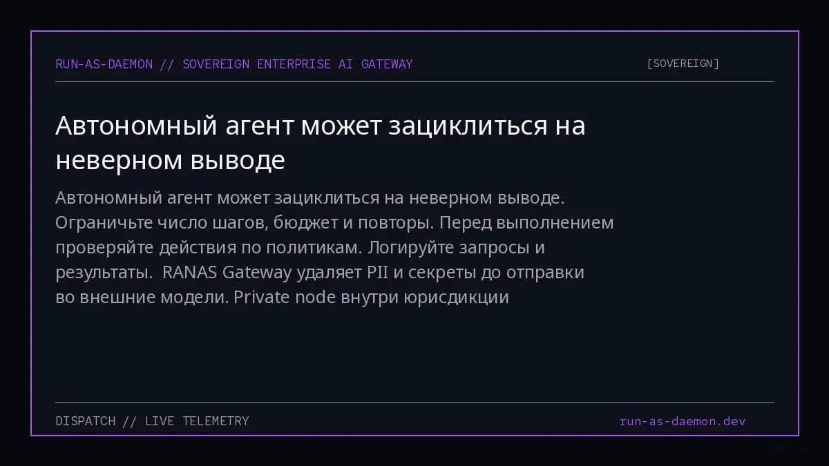 Автономный агент может зациклиться на неверном выводе.
Ограничьте число шагов, бюджет и повторы. Перед выполнением проверяйте действия по политикам. Логируйте запросы и результаты | Сетка — социальная сеть от hh.ru