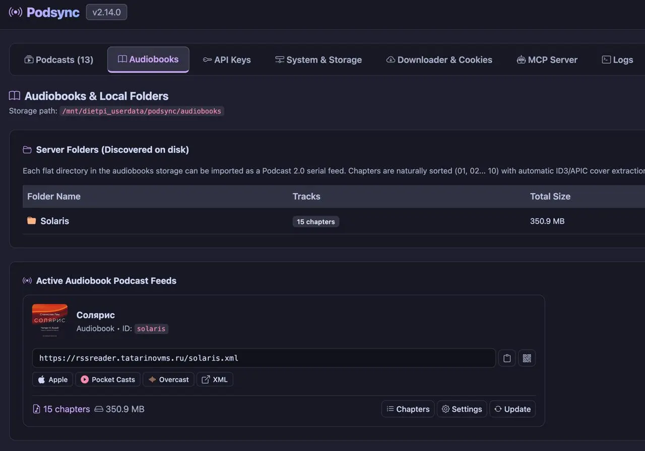 Podsync v2.14.0: аудиокниги, Rutube и нормальная диагностика
Выкатил крупное обновление Podsync
Что нового:
• Аудиокниги. Теперь папку с MP3/M4A можно превратить в сериальный подкаст | Сетка — социальная сеть от hh.ru
