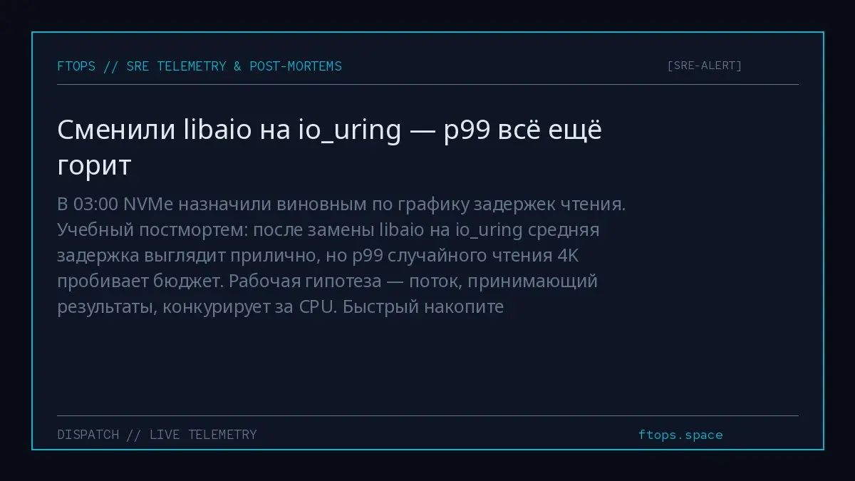 В 03:00 NVMe назначили виновным по графику задержек чтения. Учебный постмортем: после замены libaio на iouring средняя задержка выглядит прилично, но p99 случайного чтения 4K пробивает бюджет | Сетка — социальная сеть от hh.ru