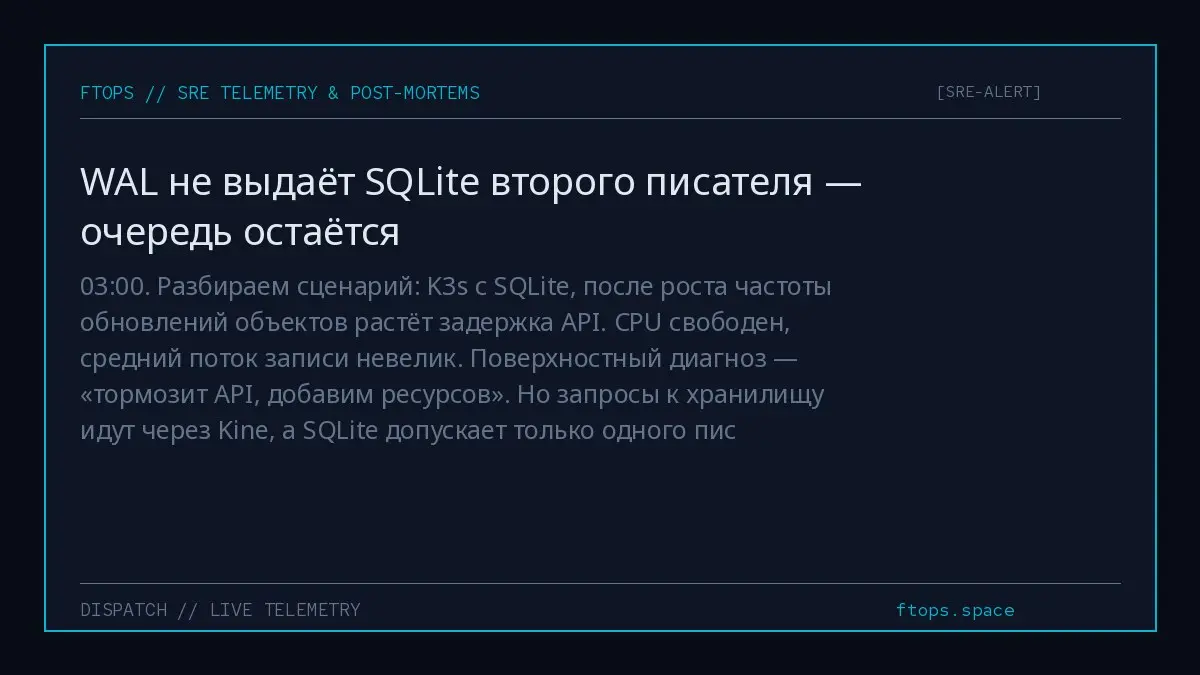 03:00. Разбираем сценарий: K3s с SQLite, после роста частоты обновлений объектов растёт задержка API. CPU свободен, средний поток записи невелик | Сетка — социальная сеть от hh.ru