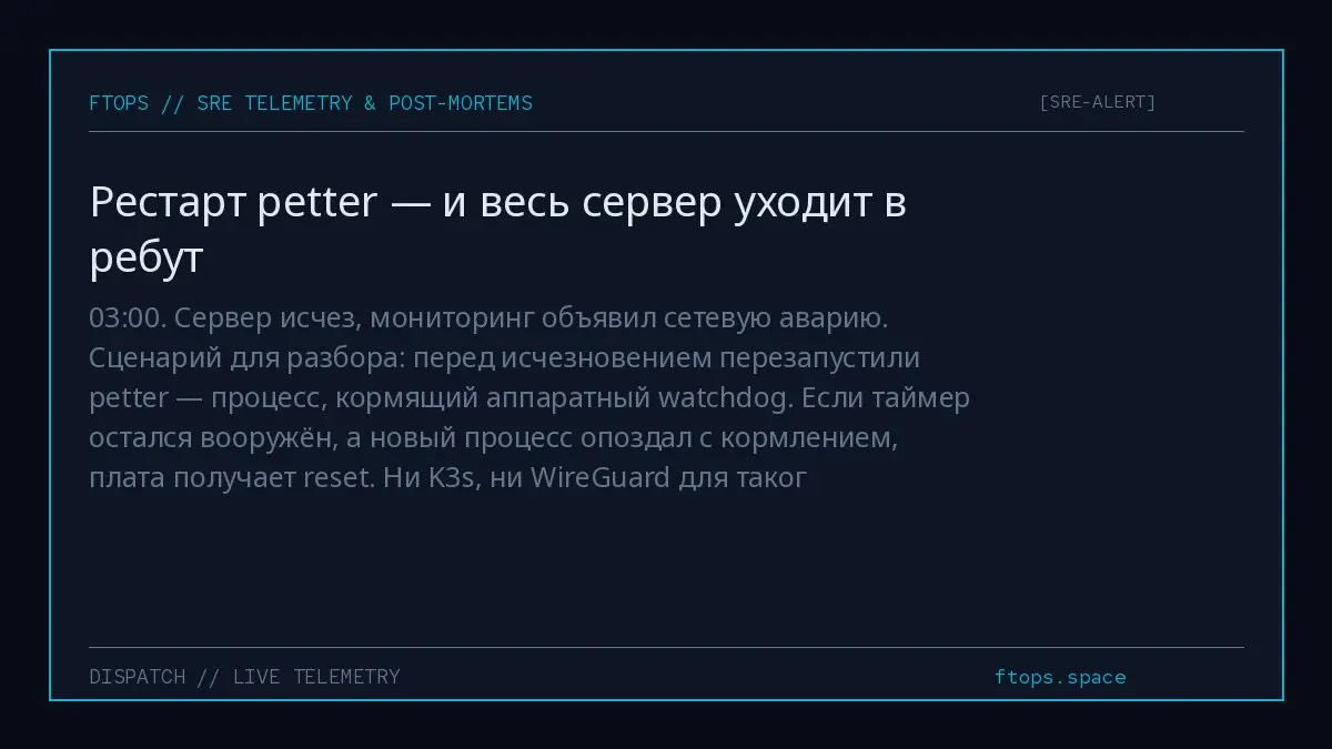03:00. Сервер исчез, мониторинг объявил сетевую аварию. Сценарий для разбора: перед исчезновением перезапустили petter — процесс, кормящий аппаратный watchdog | Сетка — социальная сеть от hh.ru