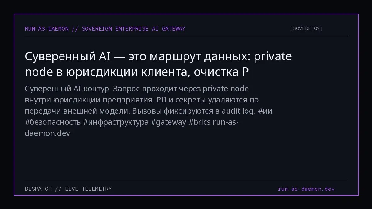 Суверенный AI-контур
Запрос проходит через private node внутри юрисдикции предприятия.
PII и секреты удаляются до передачи внешней модели. Вызовы фиксируются в audit log | Сетка — социальная сеть от hh.ru