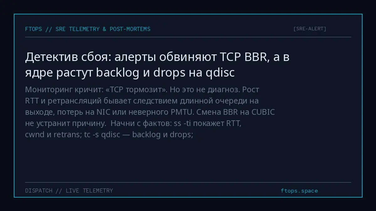 Мониторинг кричит: «TCP тормозит». Но это не диагноз. Рост RTT и ретрансляций бывает следствием длинной очереди на выходе, потерь на NIC или неверного PMTU. Смена BBR на CUBIC не устранит причину | Сетка — социальная сеть от hh.ru