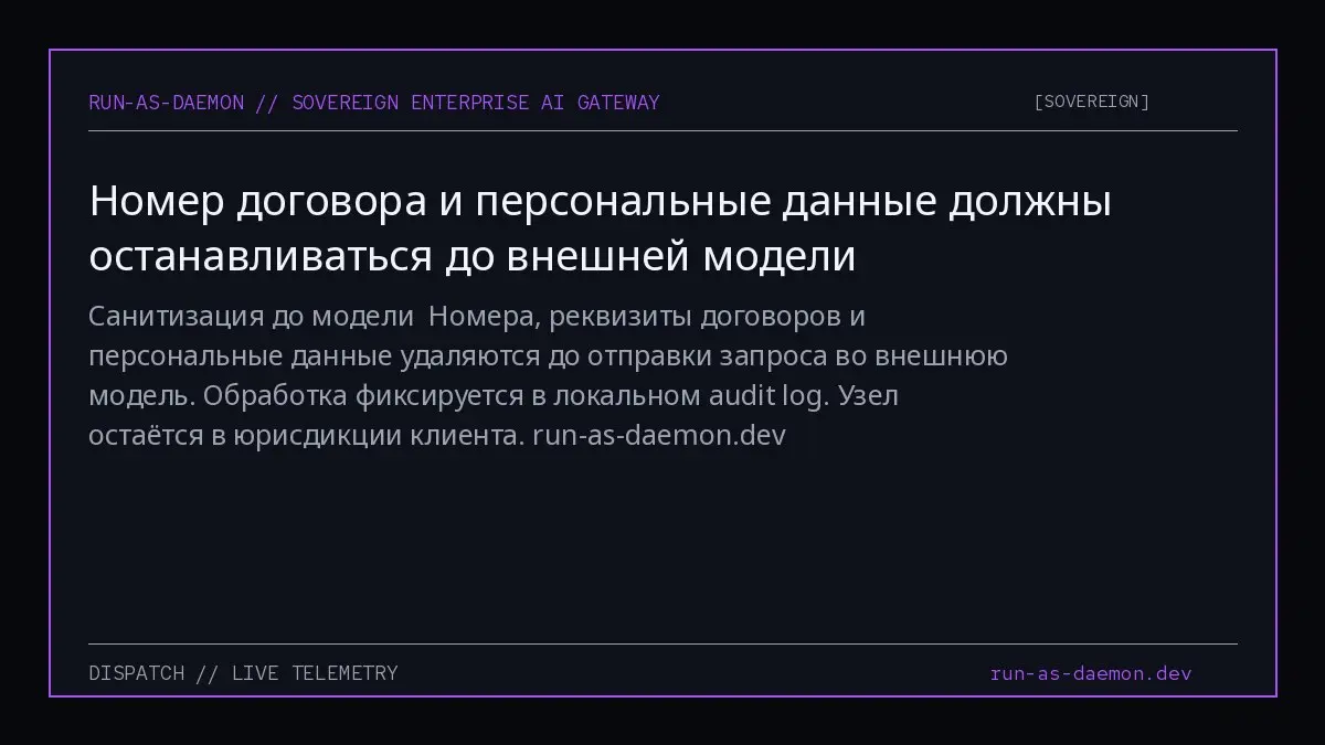 Санитизация до модели
Номера, реквизиты договоров и персональные данные удаляются до отправки запроса во внешнюю модель.
Обработка фиксируется в локальном audit log.
Узел остаётся в юрисдикции клиента | Сетка — социальная сеть от hh.ru
