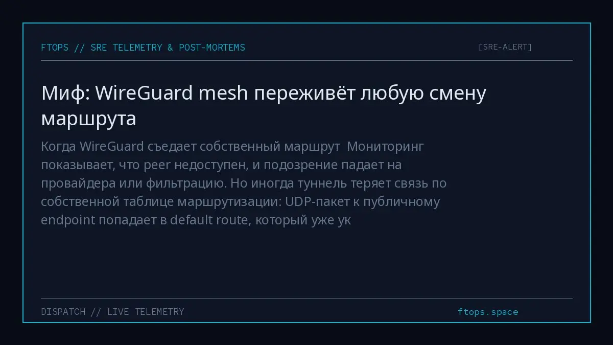 Когда WireGuard съедает собственный маршрут
Мониторинг показывает, что peer недоступен, и подозрение падает на провайдера или фильтрацию | Сетка — социальная сеть от hh.ru