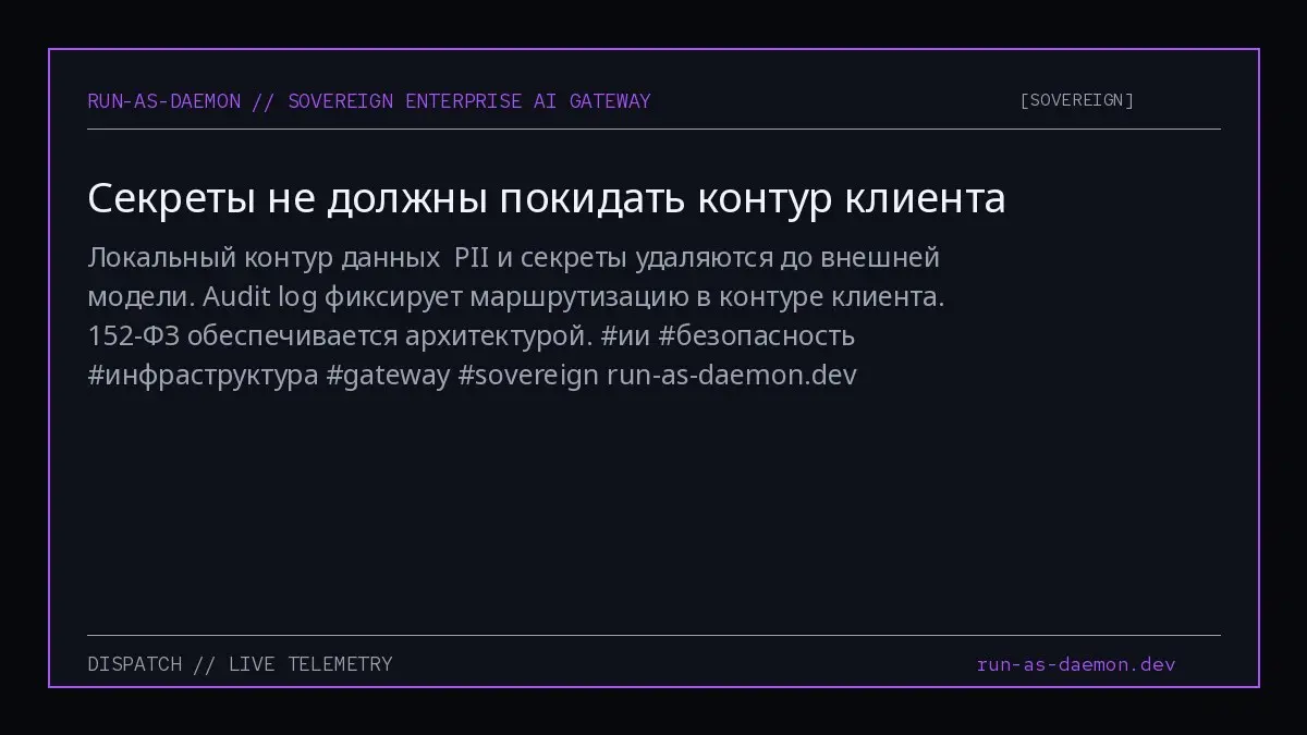 Локальный контур данных
PII и секреты удаляются до внешней модели.
Audit log фиксирует маршрутизацию в контуре клиента.
152-ФЗ обеспечивается архитектурой | Сетка — социальная сеть от hh.ru